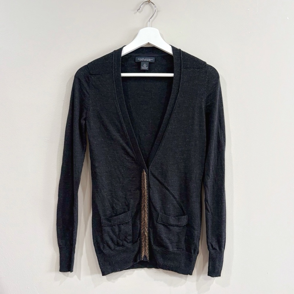 Banana Republic Women Merino Wool Cardigan XS Black Embellished Zip Chic